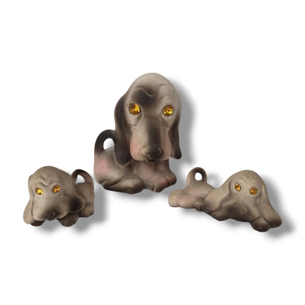 Vintage Roselane Basset Hound Figurine Set MCM CA Pottery Amber Sparkler Eyes